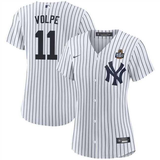 Women%27s New York Yankees #11 Anthony Volpe White 2024 World Series With Name Cool Base Stitched Jersey Dzhi